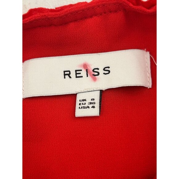 REISS Cecilia Frill-Detail Asymmetric Hem Dress Red 4 Cap Sleeves & Back Zipper - Picture 3 of 16